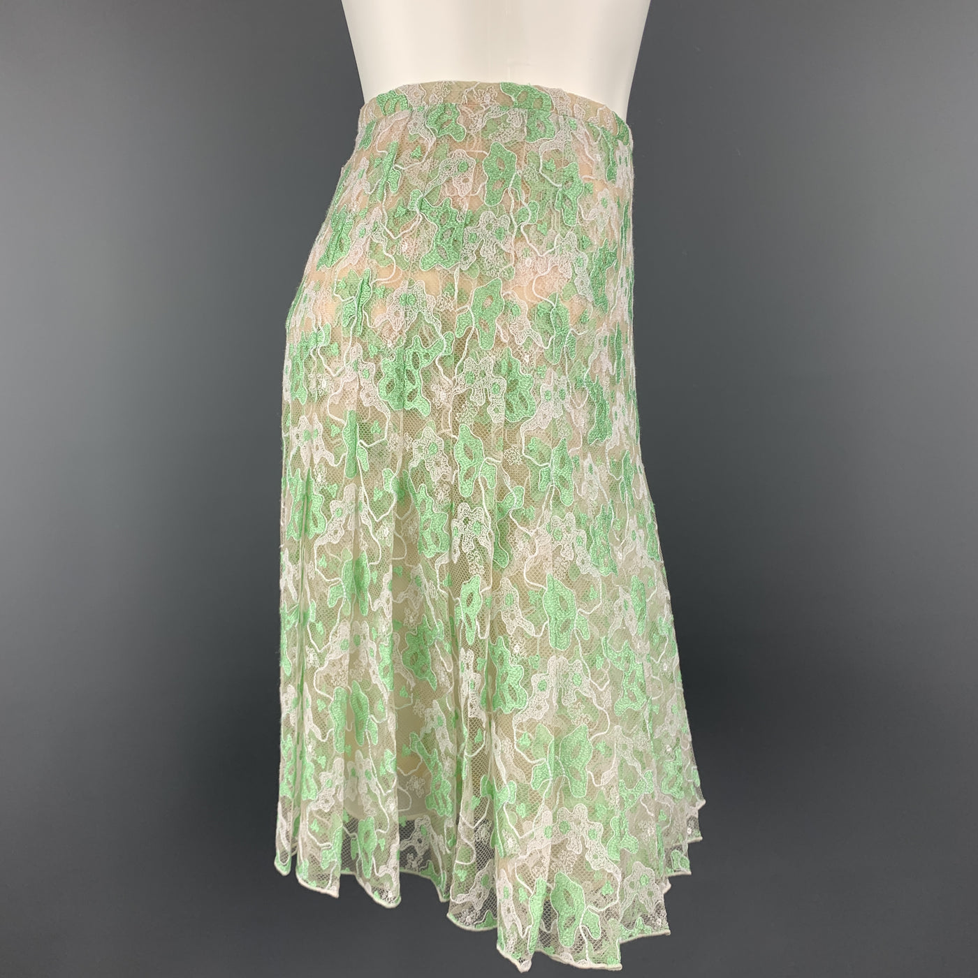 CHRISTOPHER KANE Size 6 White & Green PLeated Silk Skirt