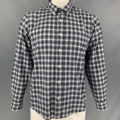PENDLETON Size L Navy &  White Plaid Virgin Wool and Lycra Long Sleeve Shirt