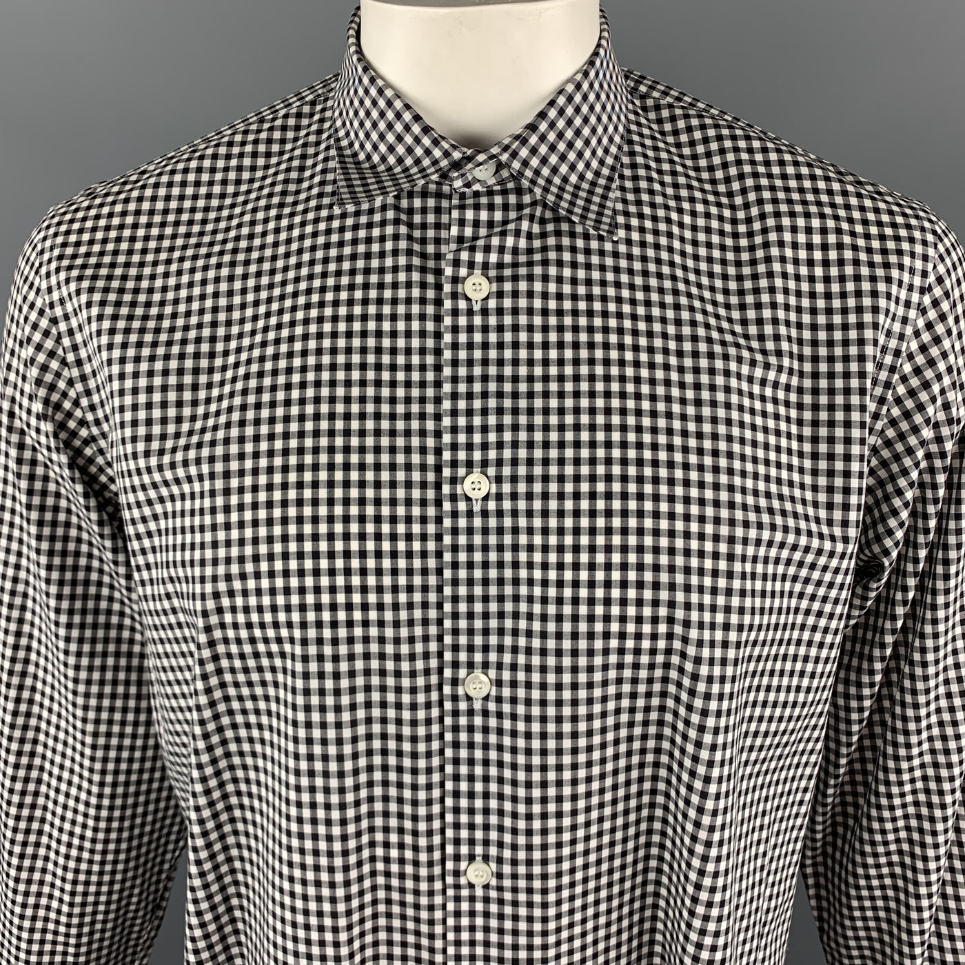 PRADA Size XL Black & White Checkered Cotton Long Sleeve Shirt