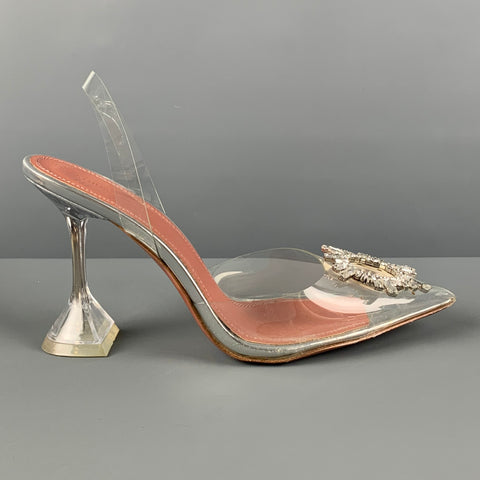 AMINA MUADDI Tamaño 8 Zapatos de tacón con tira trasera Begum con pedrería de acetato transparente plateado