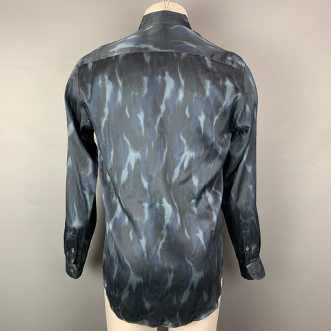 GIORGIO ARMANI Size M Black & Blue Print Silk / Cotton Long Sleeve Shirt