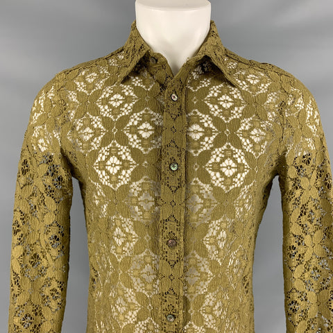 BURBERRY PRORSUM Spring 2016 Size M Moss Green Floral Lace Button Down Long Sleeve Shirt