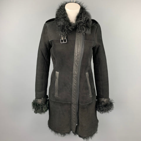 THEORY Size Petite Black Shearling Epaulettes Zip Up Coat