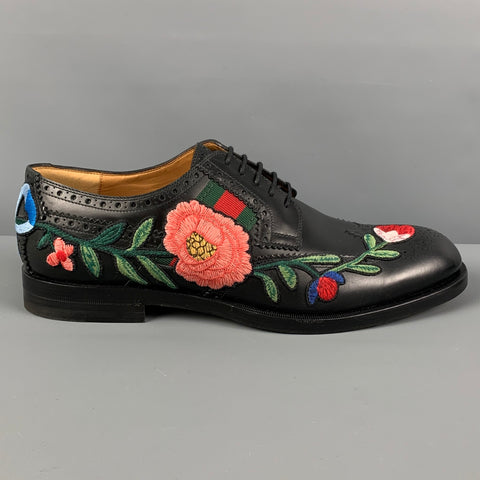 GUCCI Size 10.5 Black Applique Leather Wingtip Lace Up Shoes