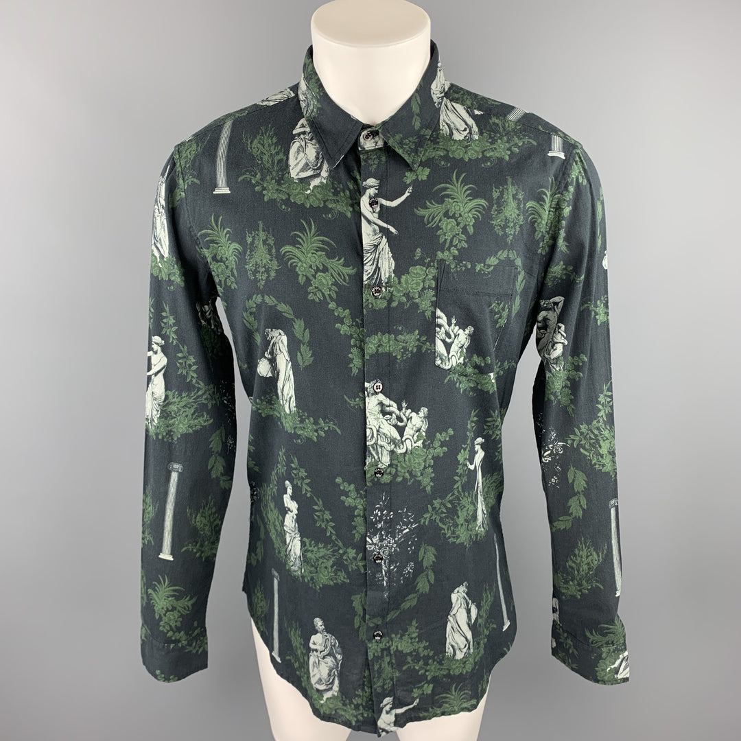 OSKLEN Size S Navy & Green Print Cotton Button Up Long Sleeve Shirt