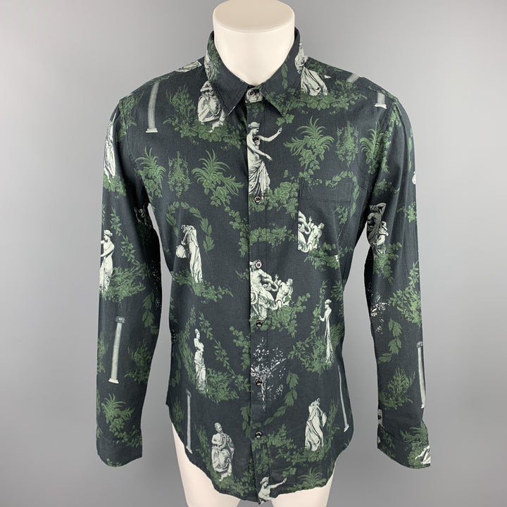 OSKLEN Size S Navy & Green Print Cotton Button Up Long Sleeve Shirt