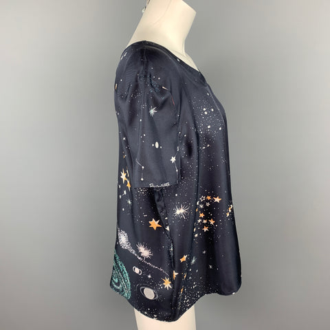 VALENTINO Spa Size L Navy Cosmo Print Silk Blouse