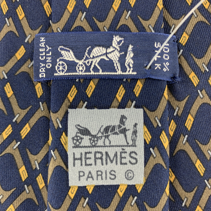 HERMES Print Navy & Brown Abstract Print Silk Tie 7147 FA