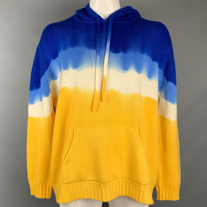 PRABAL GURUNG Size XL Blue & Yellow Tie Dye Cashmere Hooded Sweater