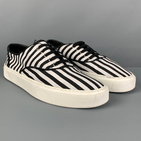 SAINT LAURENT Size 10 Black White Stripe Canvas Lace Up Sneakers