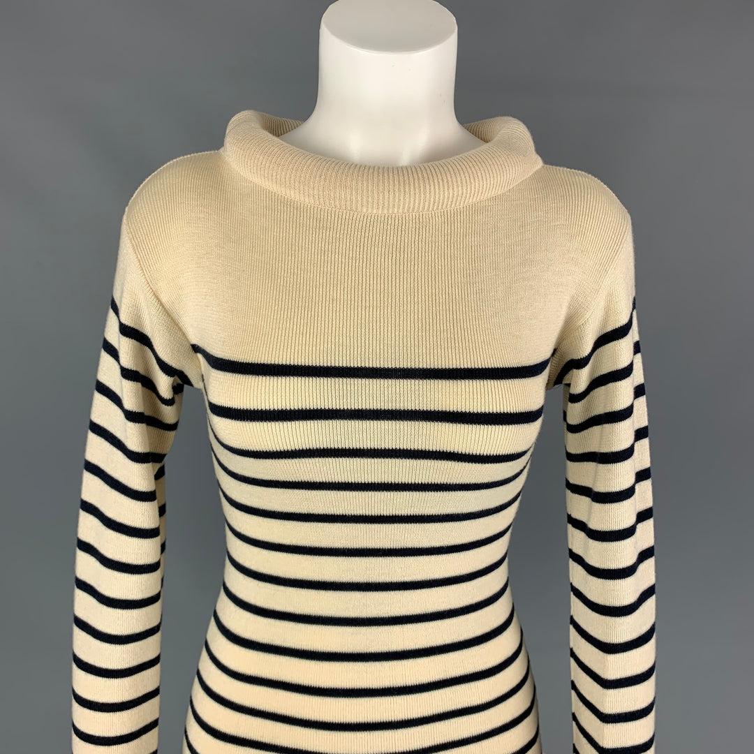 Vintage JEAN PAUL GAULTIER Size M Beige & Navy Stripe Wool / Cotton Tube Collar Cuffs Sweater
