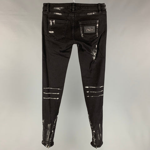PHILIPP PLEIN Size 2 Black & Silver Cotton Paint Splattered Super Slim Fit The Glory Jeans
