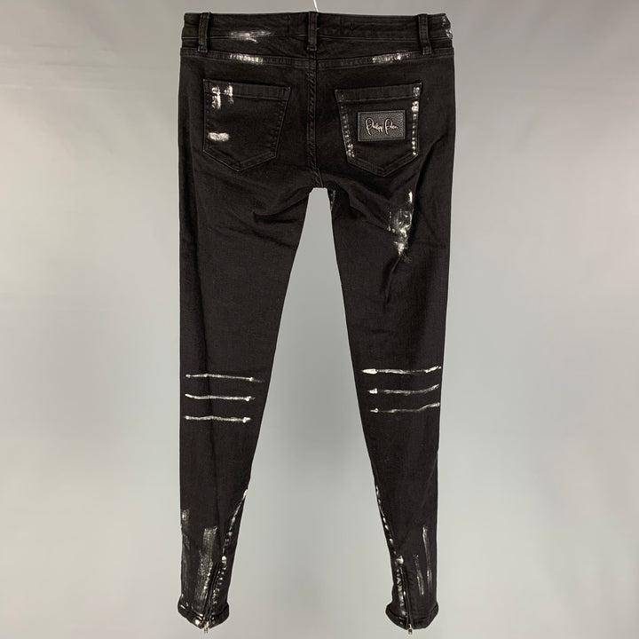 PHILIPP PLEIN Size 2 Black & Silver Cotton Paint Splattered Super Slim Fit The Glory Jeans