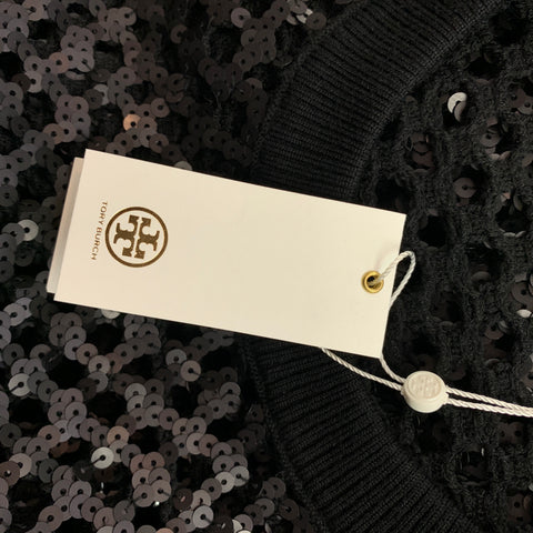 TORY BURCH Talla L Jersey negro con cuello redondo y malla de lentejuelas