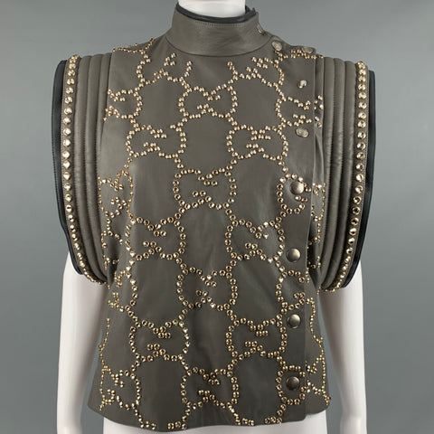 GUCCI FW2018 Runway Size 2 Grey Gold Leather Studded Cropped Jacket