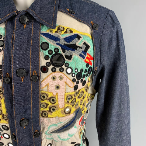 WALTER VAN BEIRENDONCK FW 16 Woest Collection Size XS Indigo Multi-Color Embroidered Cotton Reversible Frame Jacket