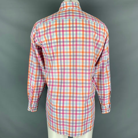 ETRO Size M Orange White Checkered Cotton Embroidered Long Sleeve Shirt