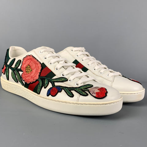 GUCCI Talla 10 Zapatillas bajas con bordado de cuero multicolor