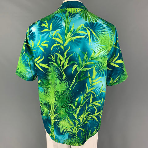 VERSACE SS 20 Size L Green Print Polyester Camp Short Sleeve Shirt