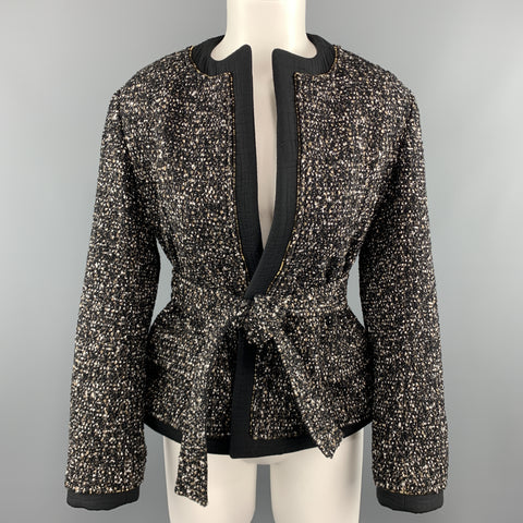 YVES SAINT LAURENT Size M Black Tweed Ziper Trim Collarless Jacket