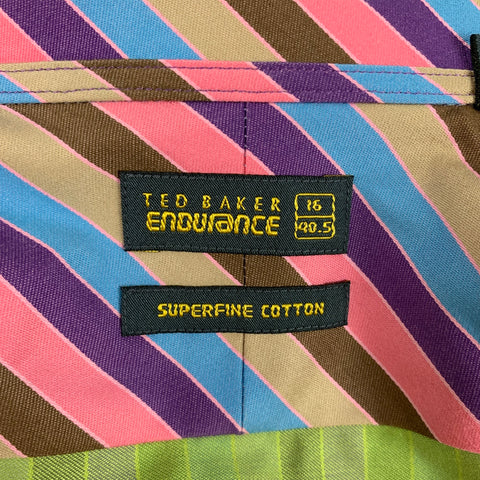 TED BAKER Size M Green Purple Stripe Cotton French Cuff Long Sleeve Shirt