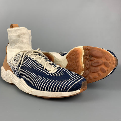 NIKE Size 12 Navy & White Stripe Fabric High Top Zoom Air Sneakers