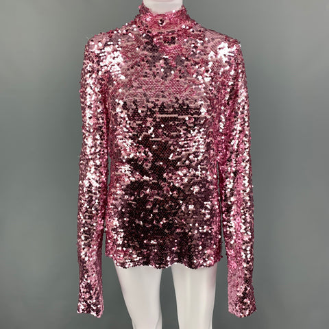 MSGM Size M Pink Viscose Sequined High Collar Dress Top