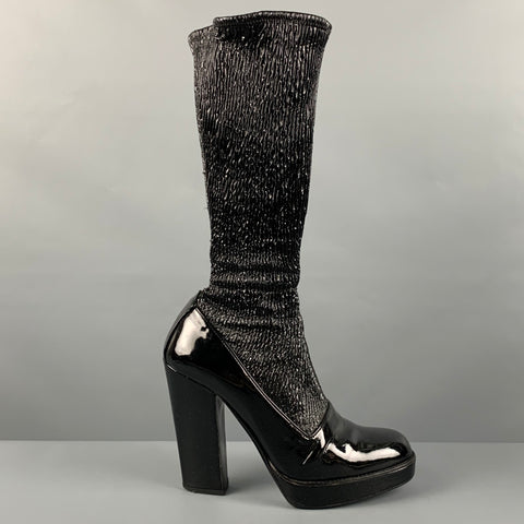 PRADA Talla 7.5 Botas con cremallera lateral de charol negro sólido