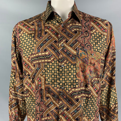 GIORGIO'S PALM BEACH Size L Brown & Gold Print Silk Button Up Long Sleeve Shirt