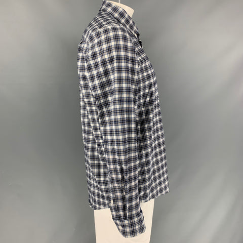 PENDLETON Size L Navy &  White Plaid Virgin Wool and Lycra Long Sleeve Shirt