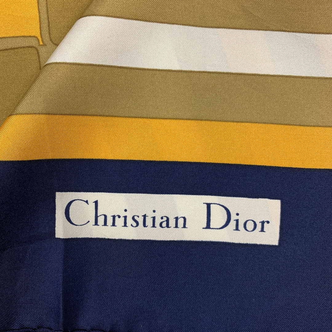 CHRISTIAN DIOR Bufanda de sarga de seda geométrica color topo azul marino y dorado