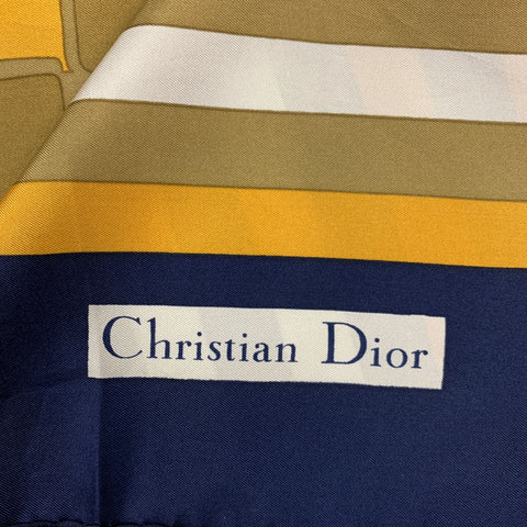 CHRISTIAN DIOR Navy & Gold Taupe Geometric Silk Twill Scarf