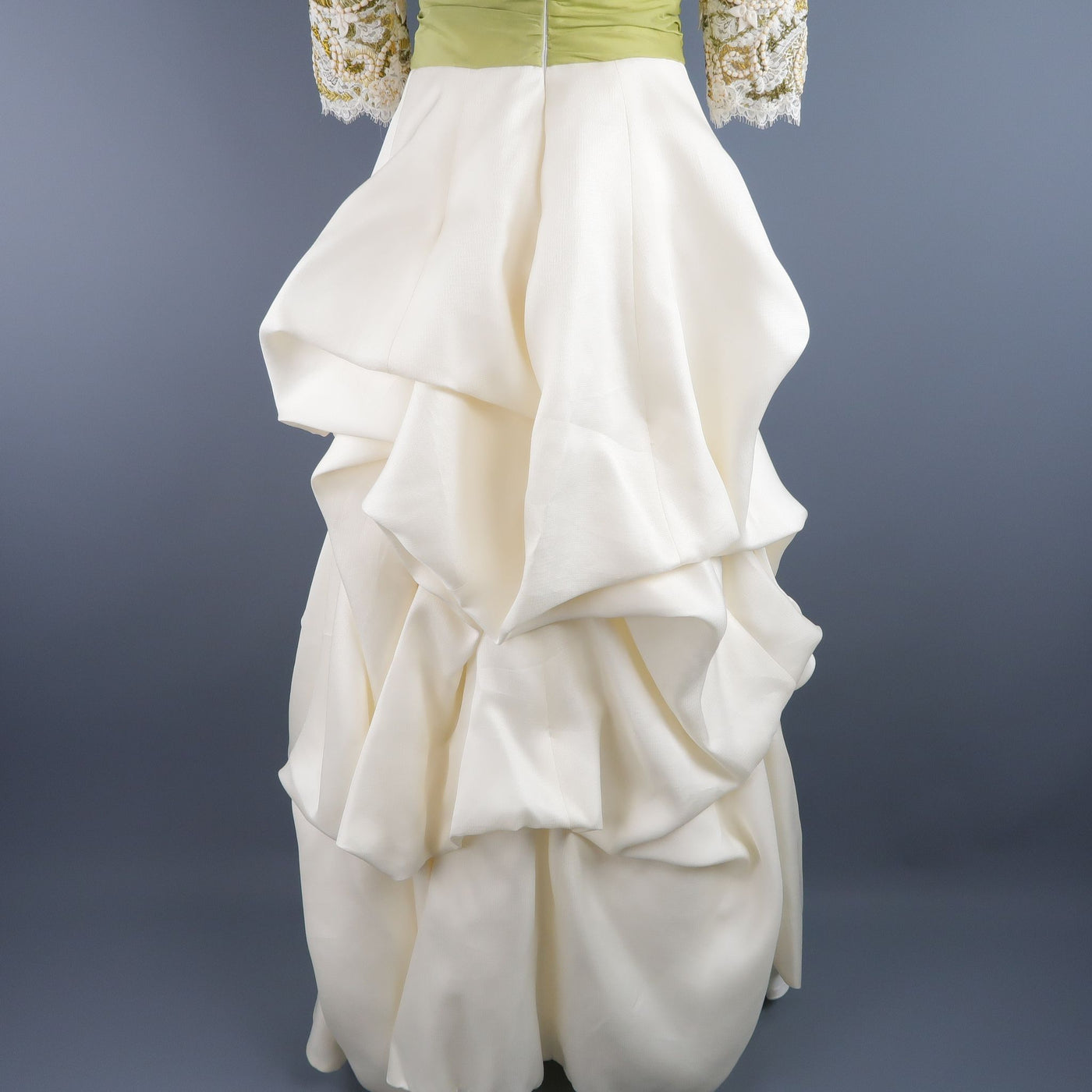 MONIQUE LHUILLIER Size 10 Cream Gold Green Lace Bodice Bolero Gown