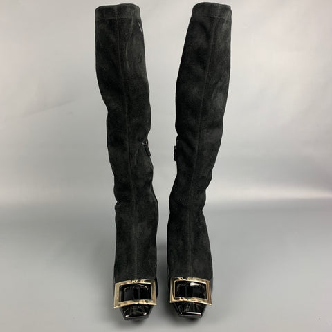 ROGER VIVIER Size 6 Black Suede Two Tone Patent Leather Curved Heel Boots