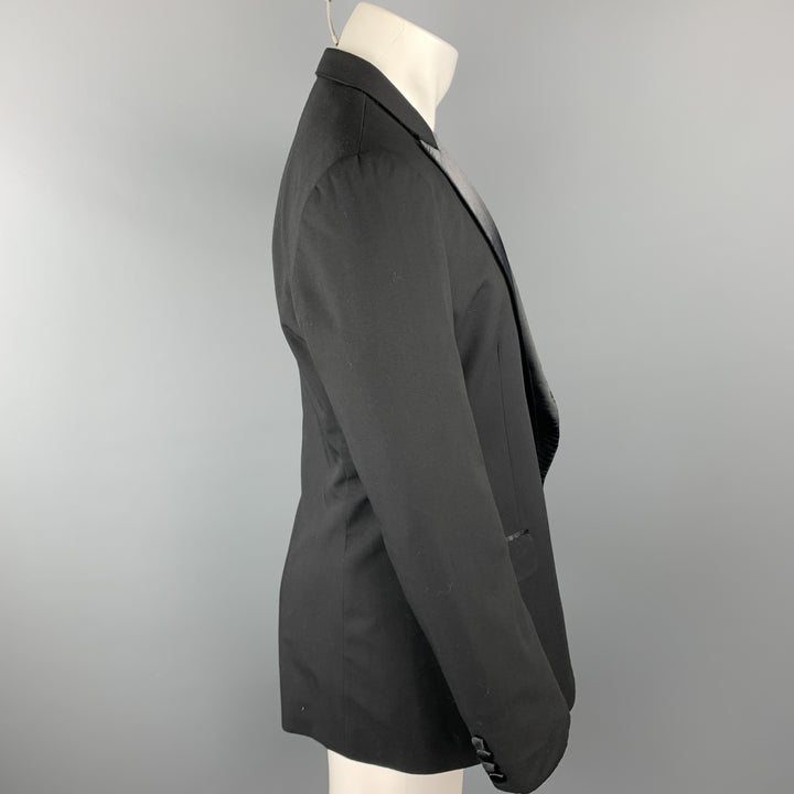 CUSTOM MADE Size 38 Black Solid Wool Peak Lapel Sport Coat