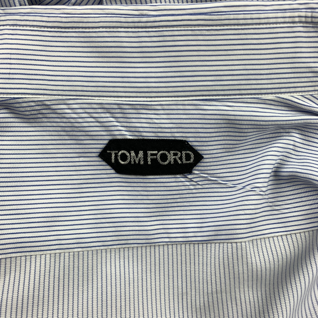 TOM FORD Size XL White & Blue Pinstripe Cotton Button Up French Cuffs Long Sleeve Shirt
