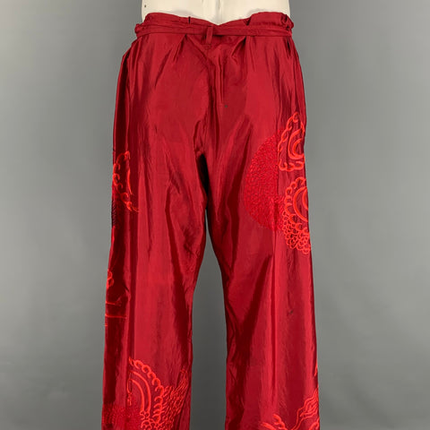 GUCCI by TOM FORD 2001 XL Red Dragon Embroidered Silk Wide Leg Karate Pants