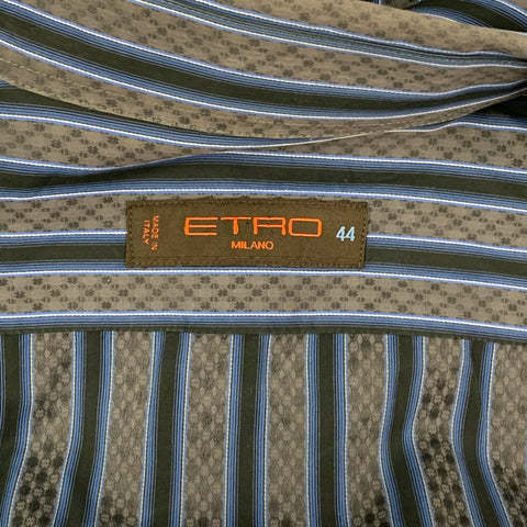ETRO Size XL Grey & Navy Stripe Cotton Button Up Long Sleeve Shirt