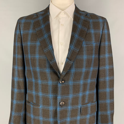 KITON Size 44 Brown Blue Plaid Cashmere Notch Lapel Sport Coat