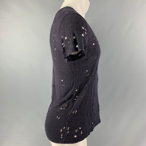 IRO Size XS Navy Distressed Linen Crew-Neck T-shirt