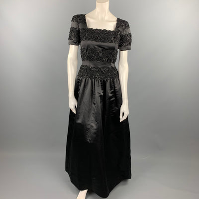 Vintage OSCAR DE LA RENTA Size 4 Black Beaded Satin Polyester Evening Gown