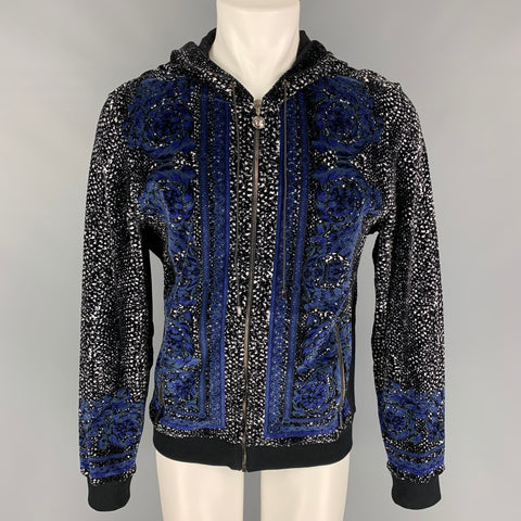 VERSACE Size L Black & White Velvet Cotton / Polyamide Hooded Cardigan