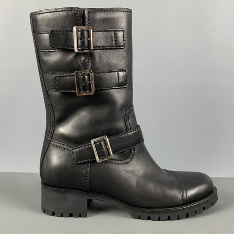 PRADA Talla 8 Botas con cinturón liso de cuero negro