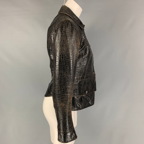CHANEL 2003 Talla 8 Chaqueta motera negra desgastada en relieve