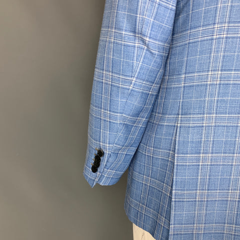 KITON Chest Size 44 Light Blue White Plaid Cashmere Blend Sport Coat