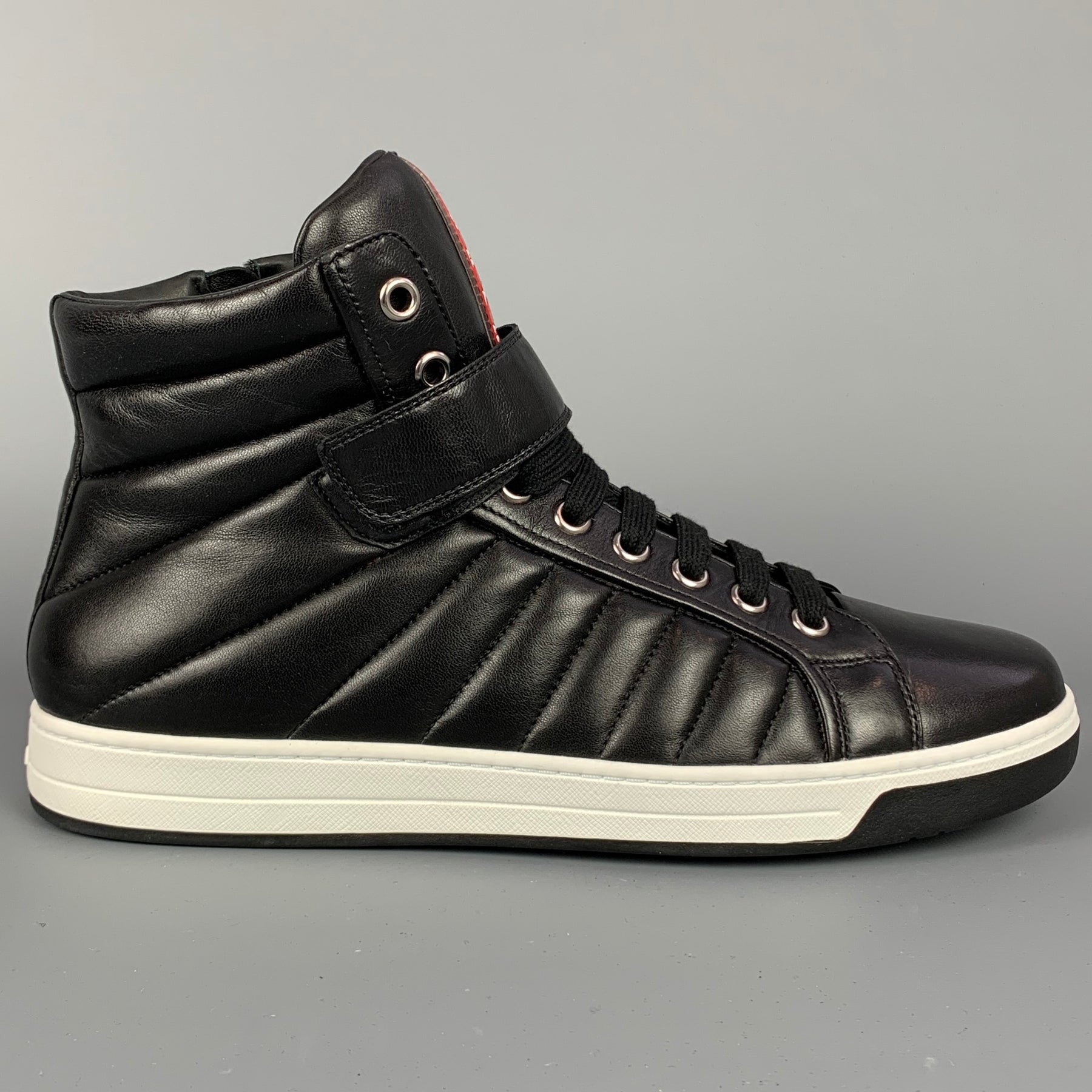 PRADA Size 10.5 Black Quilted Leather High Top Sneakers