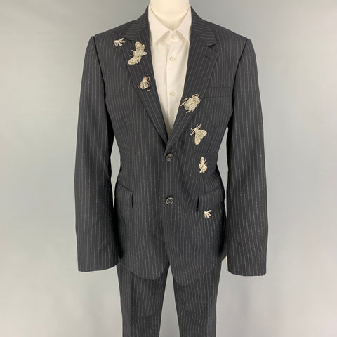 ALEXANDER MCQUEEN Size 38 Black Silver Stripe Wool Blend Notch Lapel Suit