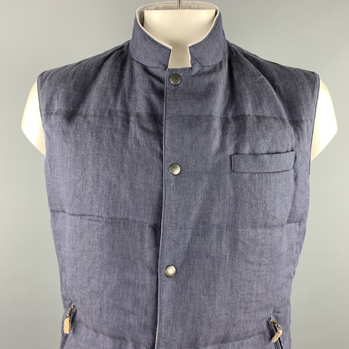 BRUNELLO CUCINELLI Size XL Navy Quilted Linen Snaps Vest