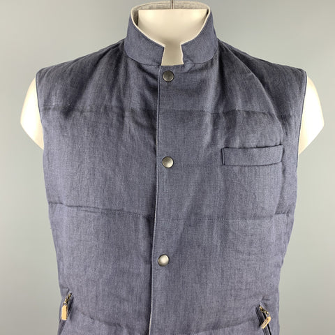 BRUNELLO CUCINELLI Chaleco con broches de lino acolchado azul marino Talla XL