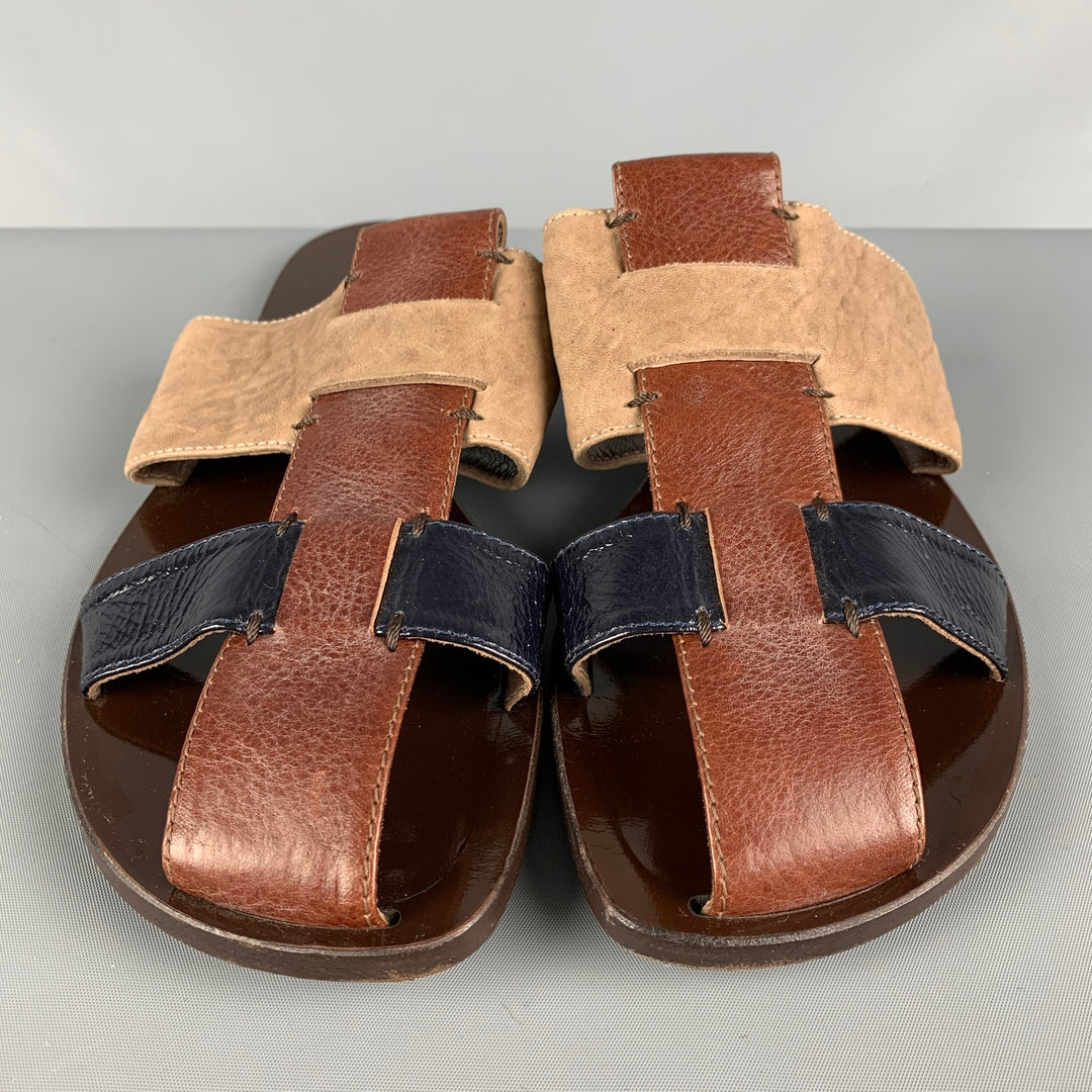 MARNI Size 8.5 Brown & Taupe Leather Flat Sandals